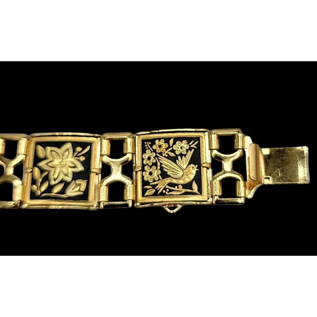 Midas Link Bracelet Toledo Spain Damascene Bird & Flower 7.5" Gold Tone Vintage