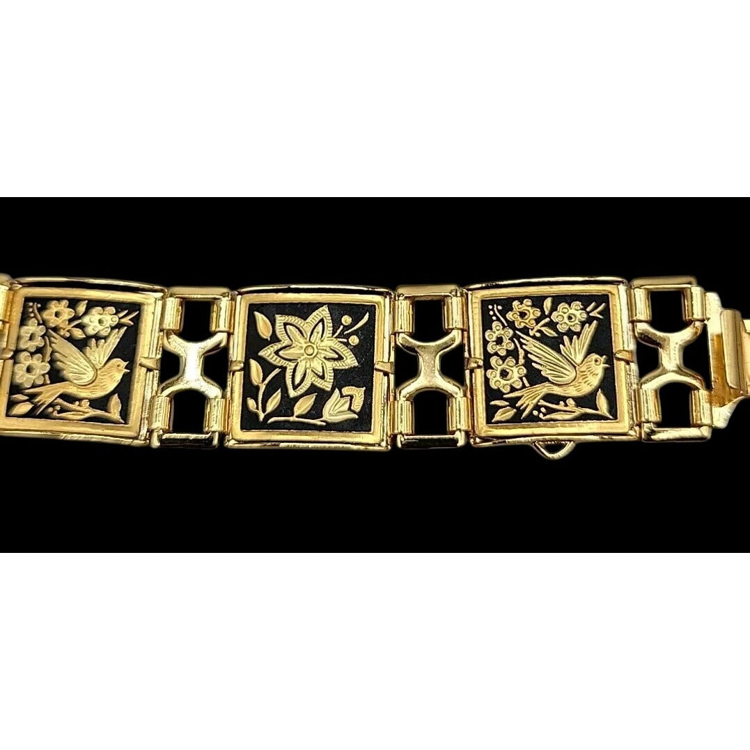Midas Link Bracelet Toledo Spain Damascene Bird & Flower 7.5" Gold Tone Vintage