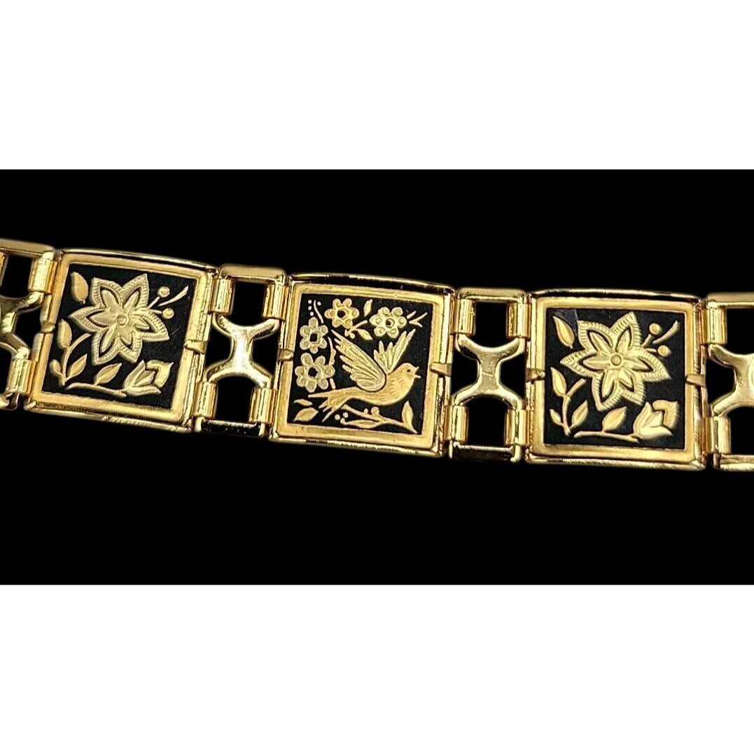 Midas Link Bracelet Toledo Spain Damascene Bird & Flower 7.5" Gold Tone Vintage