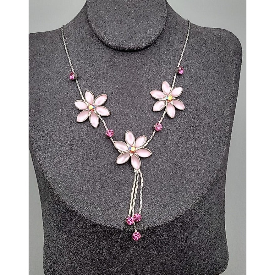Vintage Blush Pink AB Rhinestone Floral Tassle Necklace 16" Chain
