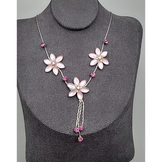 Vintage Blush Pink AB Rhinestone Floral Tassle Necklace 16" Chain
