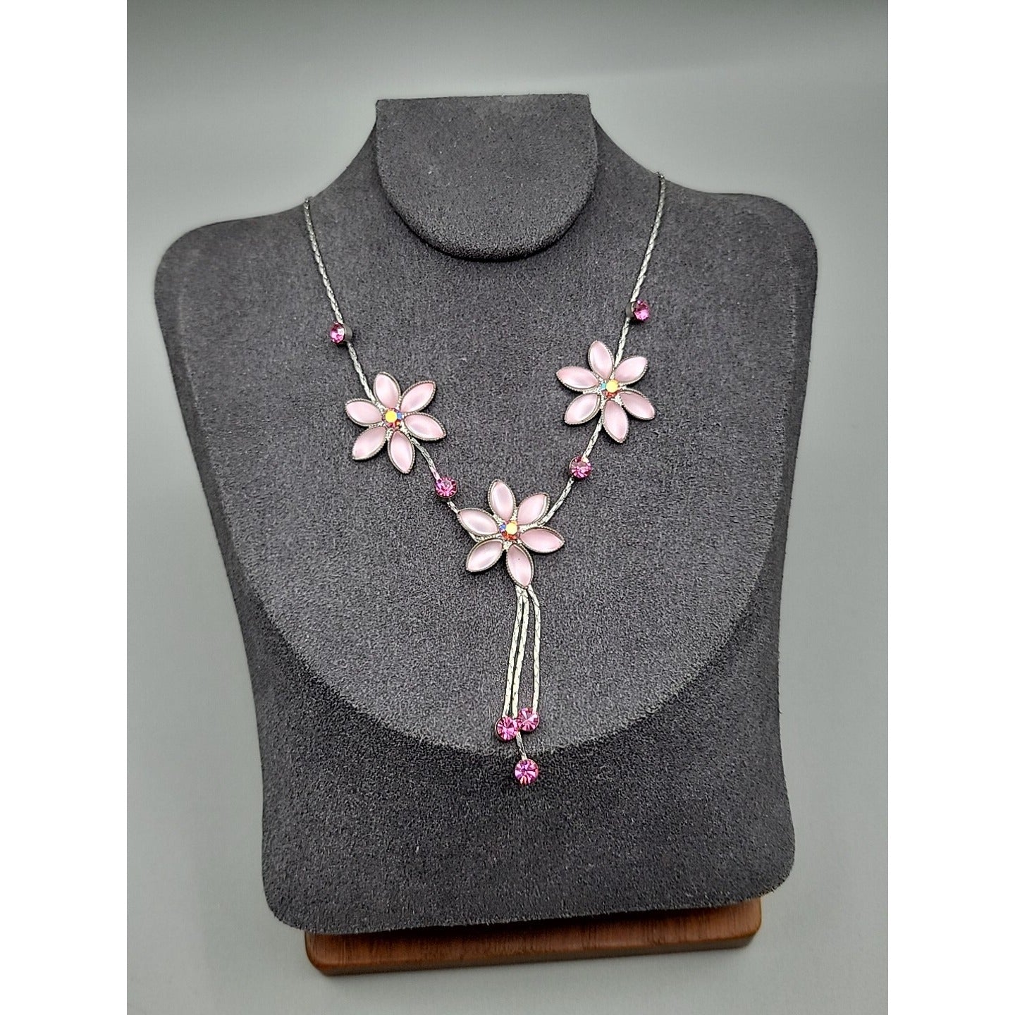 Vintage Blush Pink AB Rhinestone Floral Tassle Necklace 16" Chain