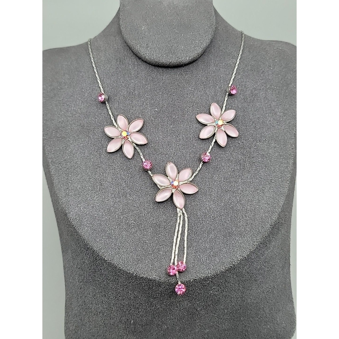 Vintage Blush Pink AB Rhinestone Floral Tassle Necklace 16" Chain