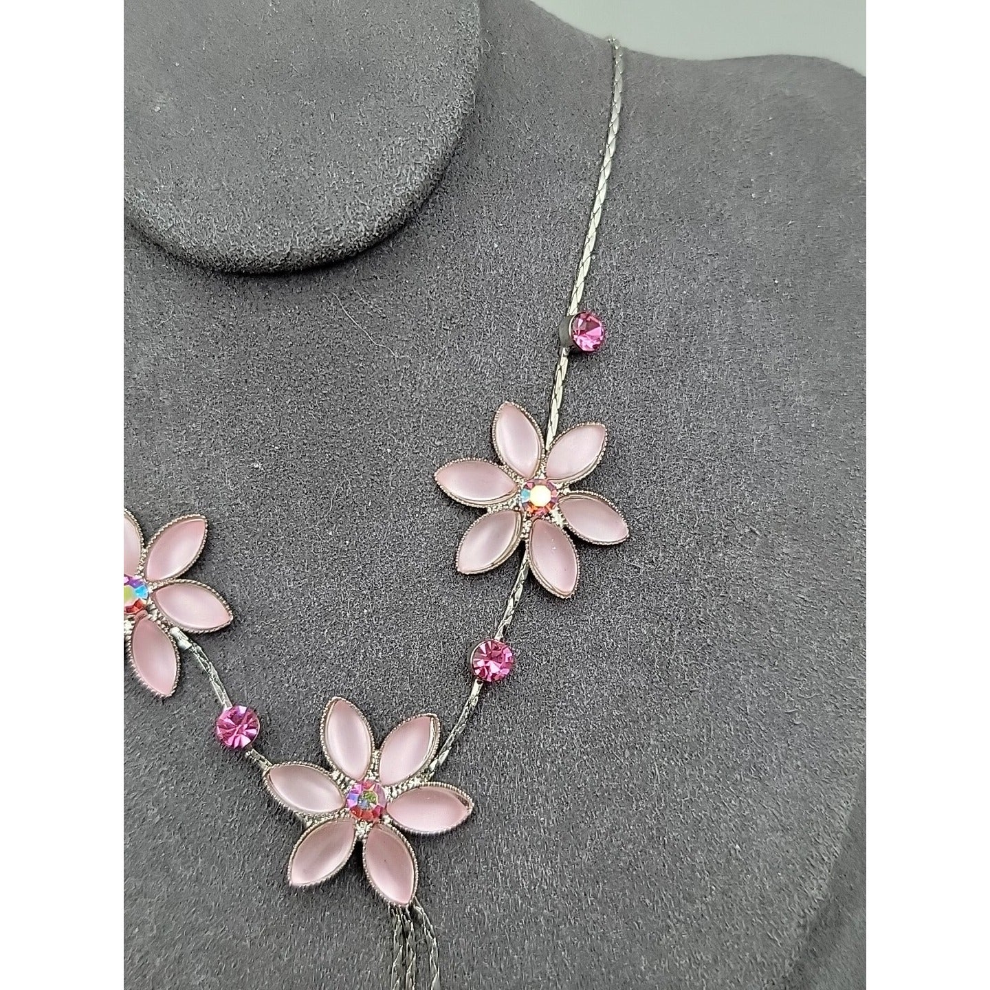 Vintage Blush Pink AB Rhinestone Floral Tassle Necklace 16" Chain