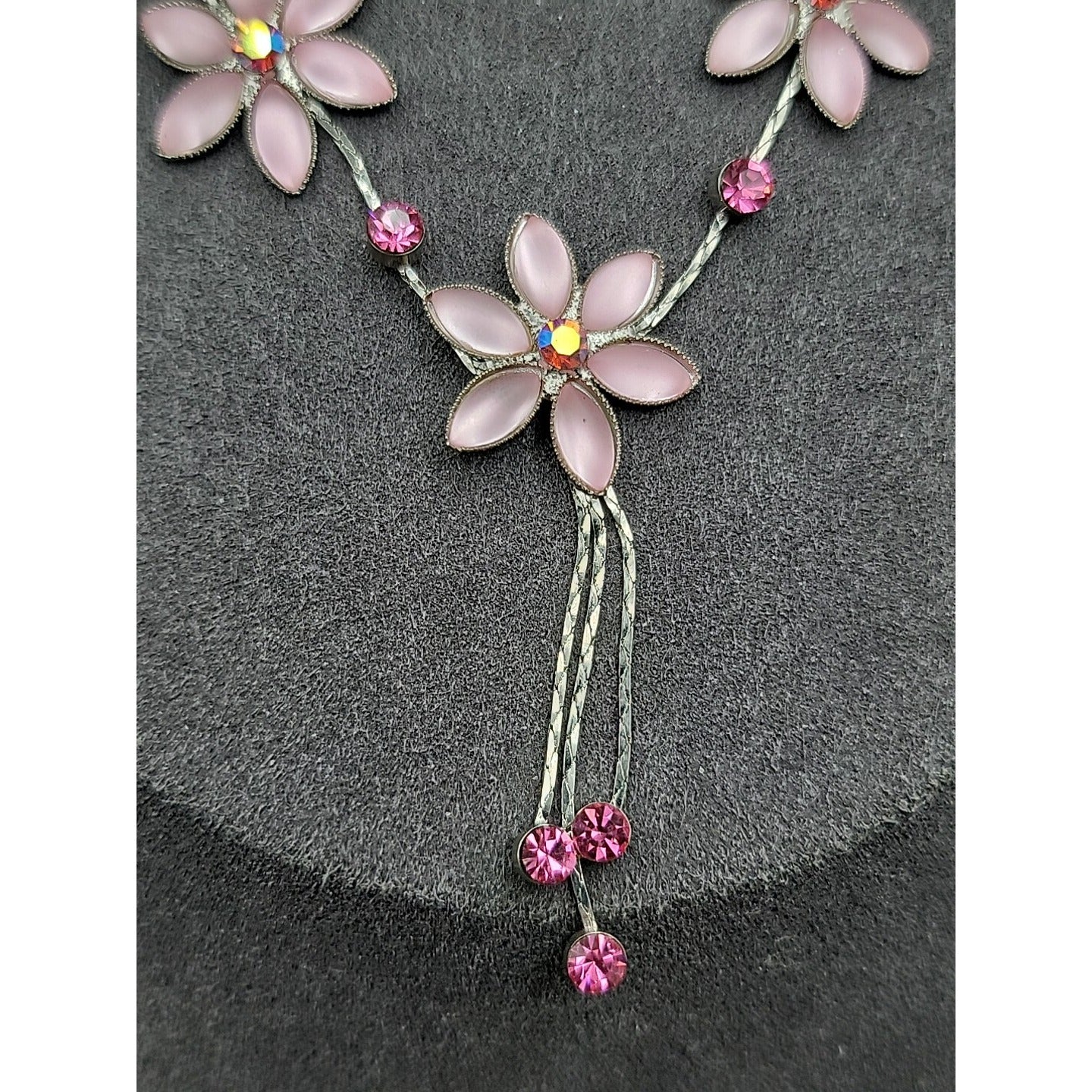 Vintage Blush Pink AB Rhinestone Floral Tassle Necklace 16" Chain