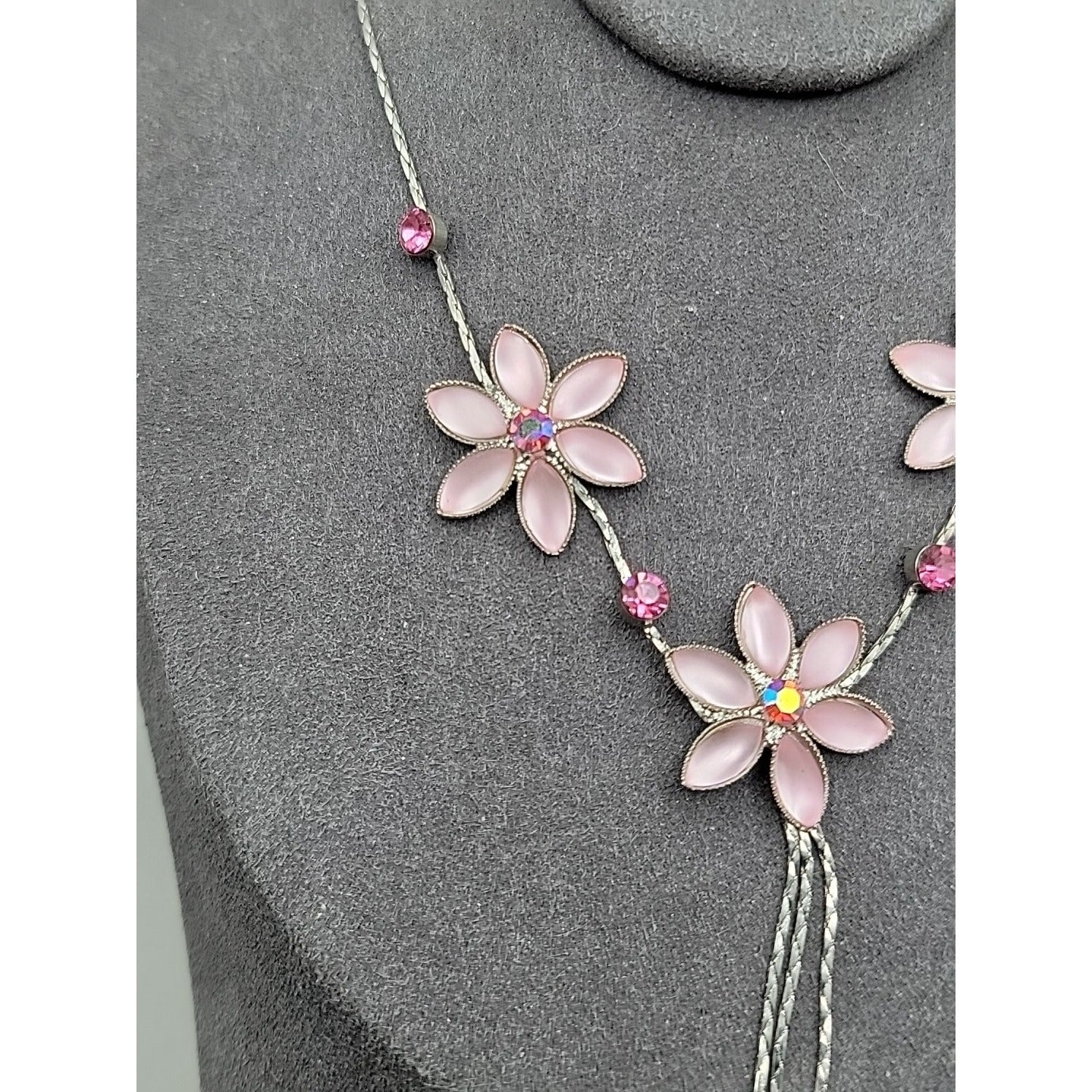 Vintage Blush Pink AB Rhinestone Floral Tassle Necklace 16" Chain