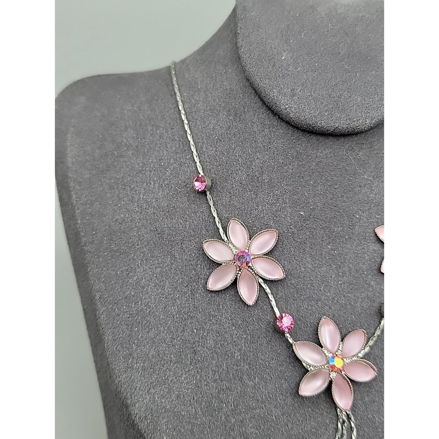 Vintage Blush Pink AB Rhinestone Floral Tassle Necklace 16" Chain