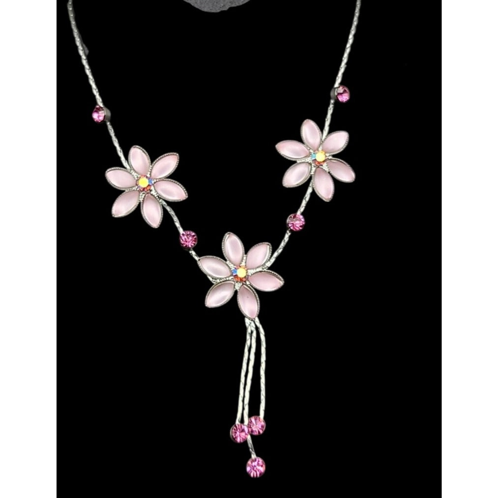Vintage Blush Pink AB Rhinestone Floral Tassle Necklace 16" Chain