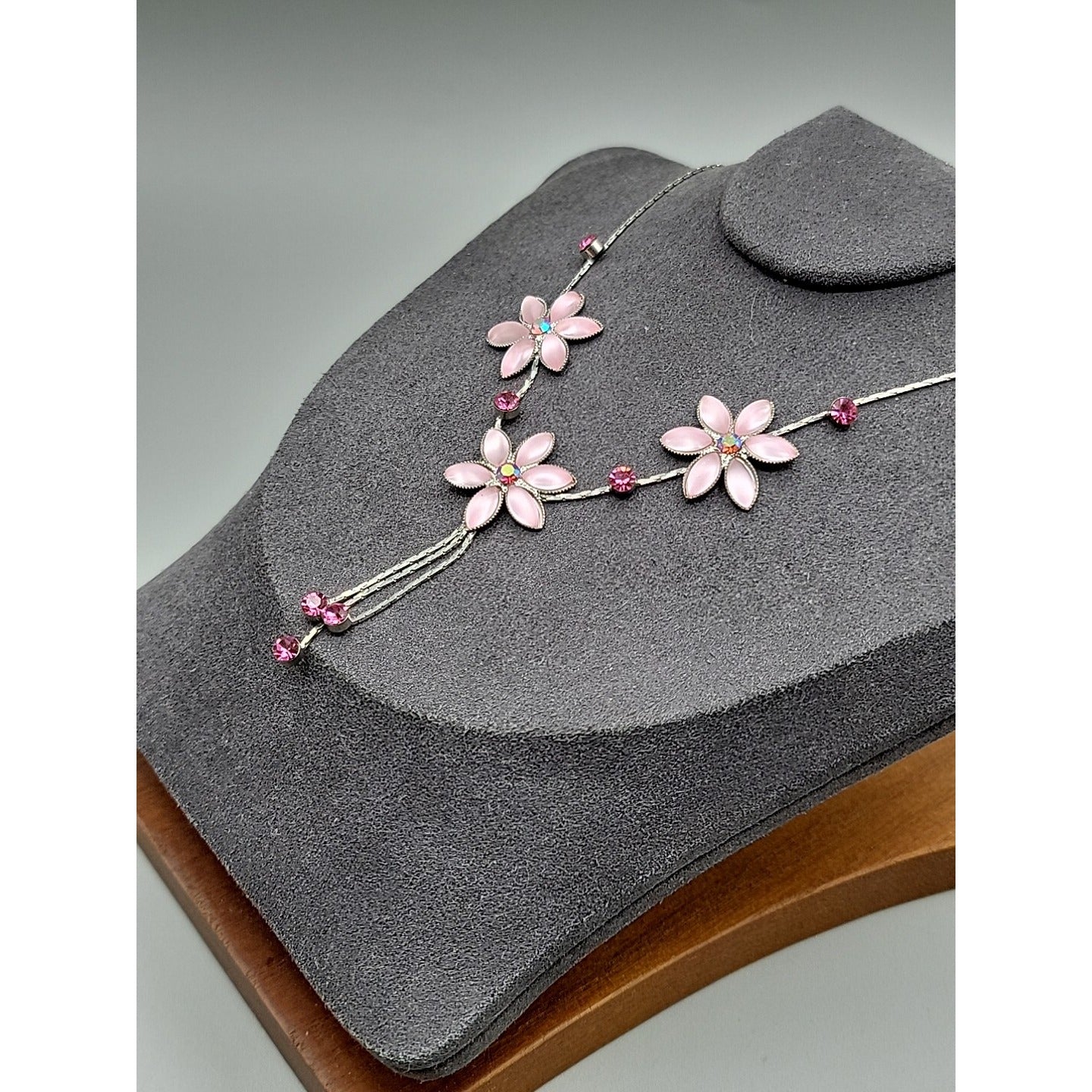 Vintage Blush Pink AB Rhinestone Floral Tassle Necklace 16" Chain