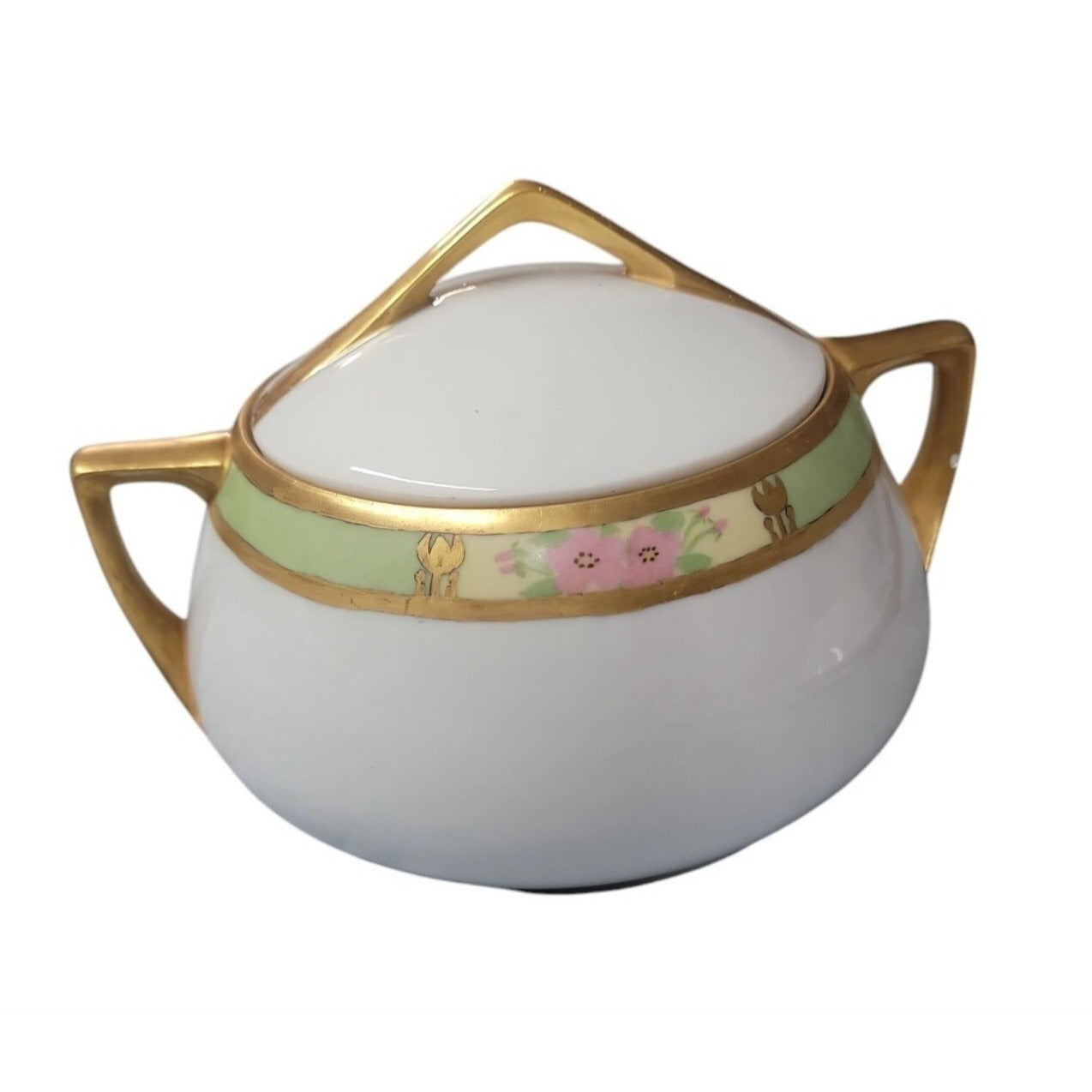 O&E.G Royal Austria Sugar Bowl Hand Painted Green Band Gold Trim Antique 1899