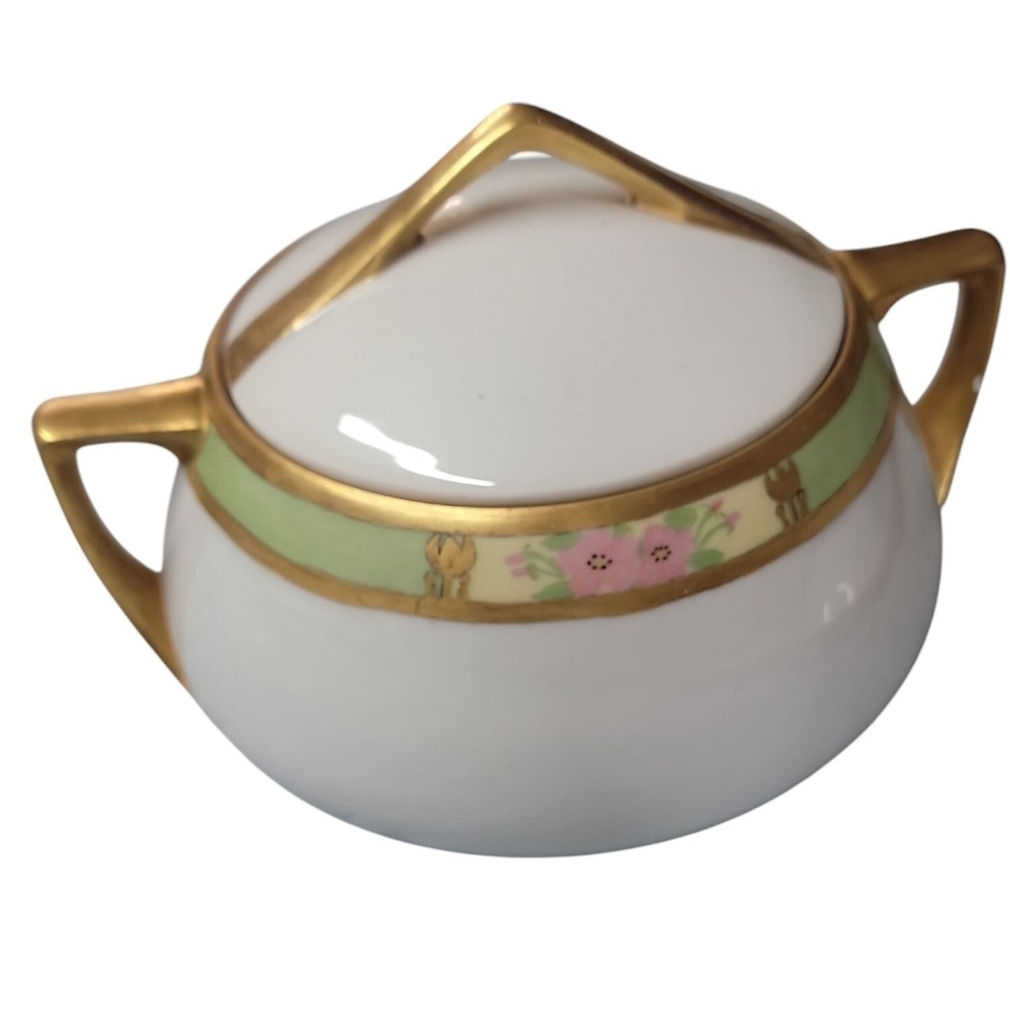 O&E.G Royal Austria Sugar Bowl Hand Painted Green Band Gold Trim Antique 1899