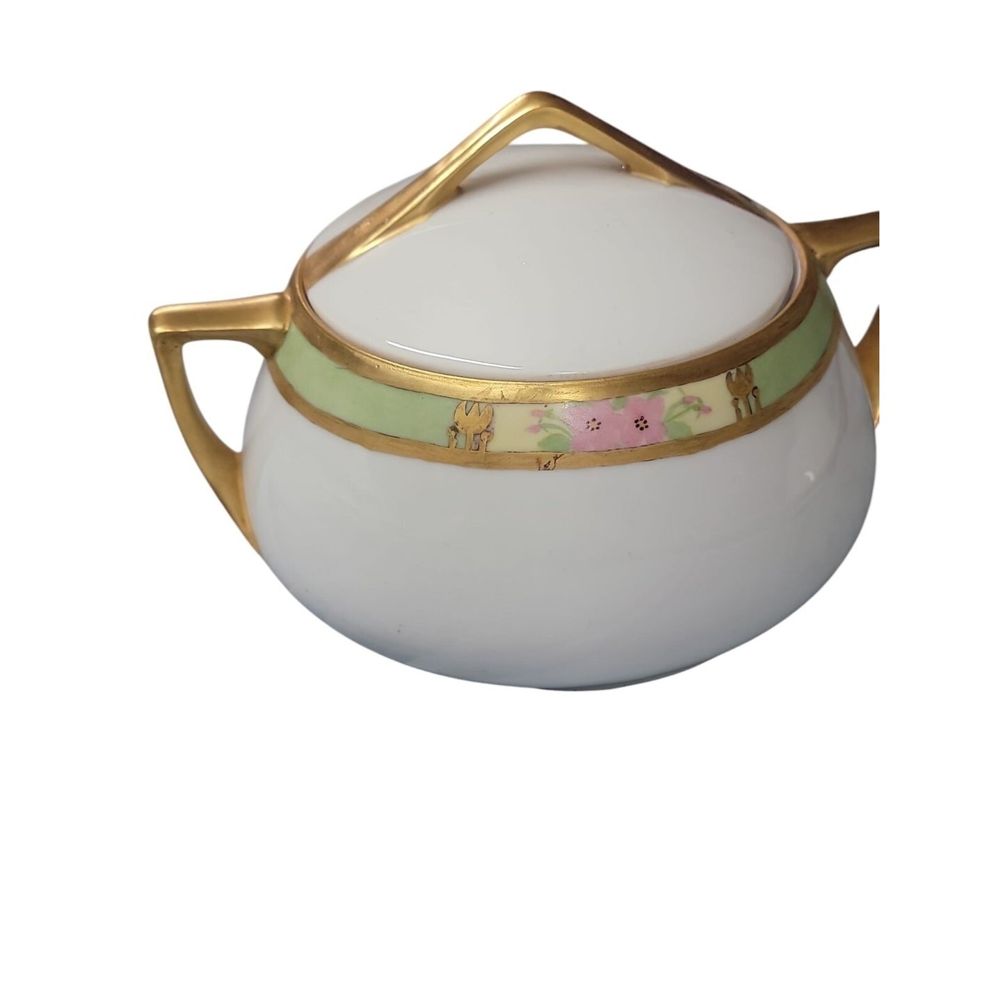 O&E.G Royal Austria Sugar Bowl Hand Painted Green Band Gold Trim Antique 1899