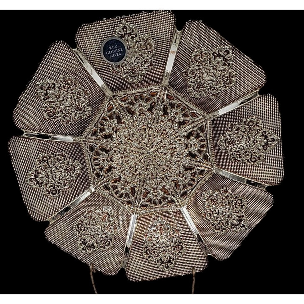 Genuine Silver Serving Bowl Turkish Art Glass Tray Top Ruffled Edges 13"