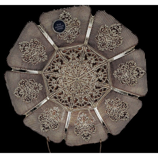 Genuine Silver Serving Bowl Turkish Art Glass Tray Top Ruffled Edges 13"