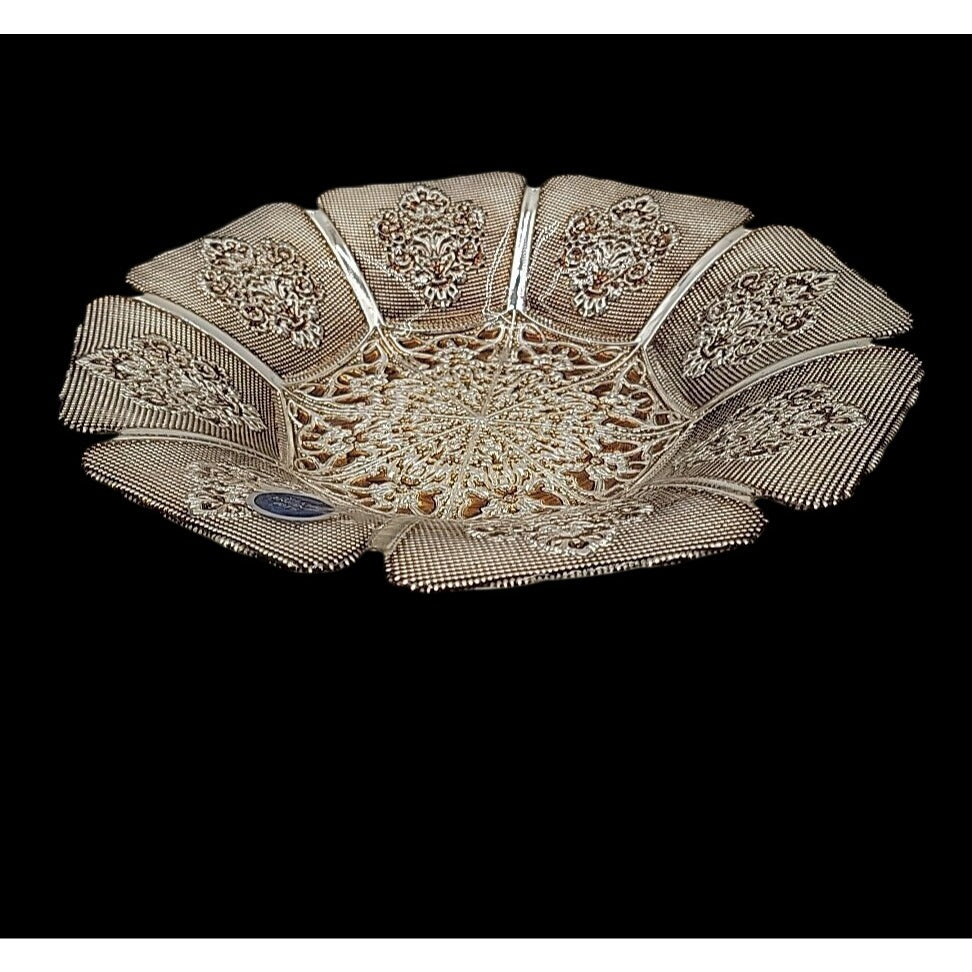Genuine Silver Serving Bowl Turkish Art Glass Tray Top Ruffled Edges 13"
