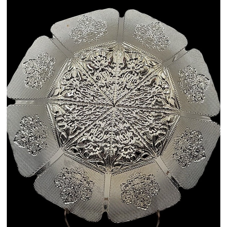 Genuine Silver Serving Bowl Turkish Art Glass Tray Top Ruffled Edges 13"