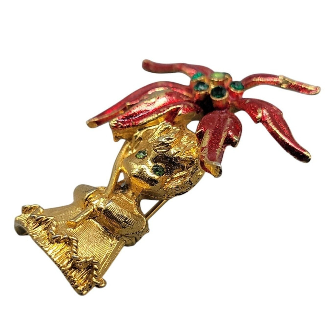 Mylu Christmas Brooch Girl Holding Poinsettia Rhinestones Red Enamel Gold Tone