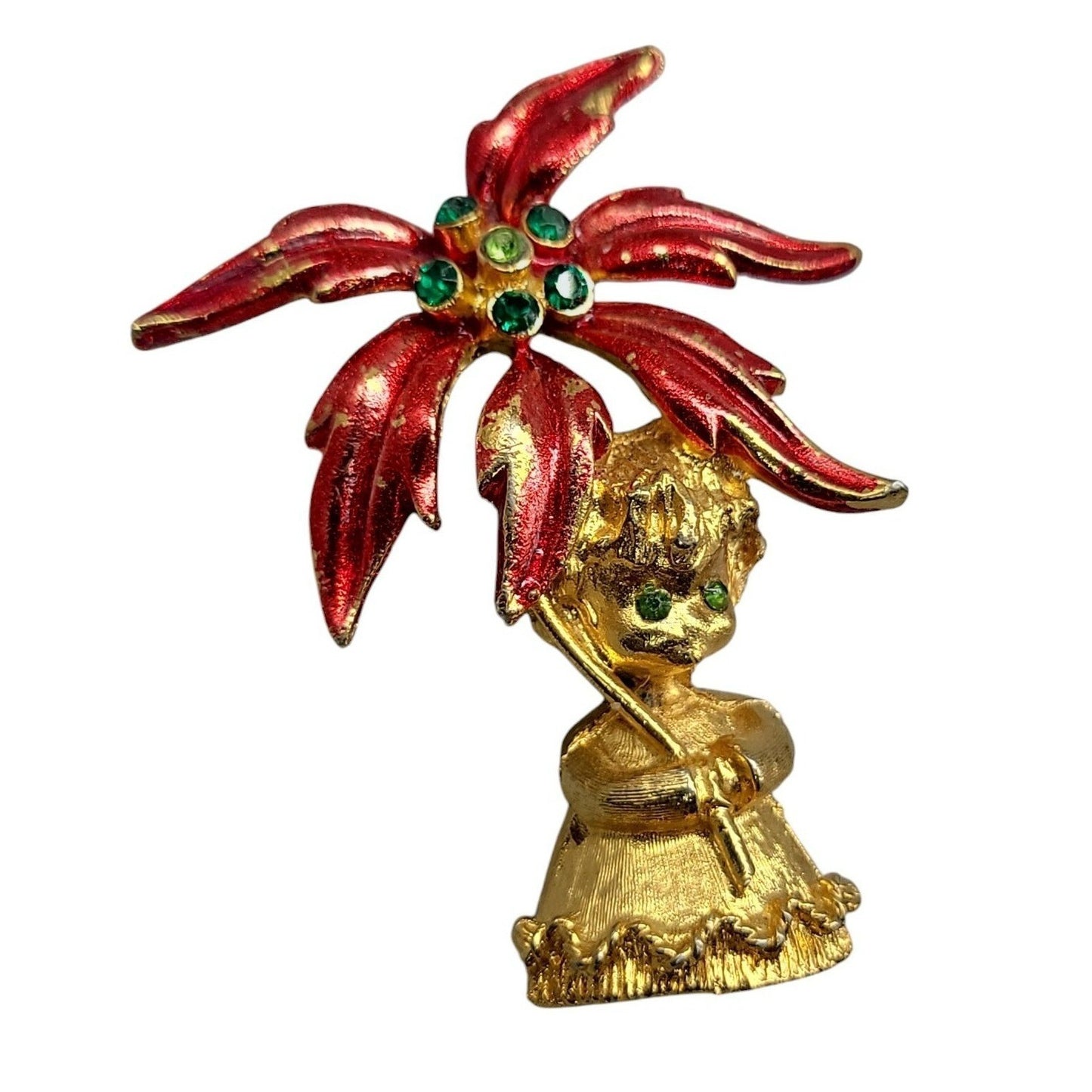 Mylu Christmas Brooch Girl Holding Poinsettia Rhinestones Red Enamel Gold Tone