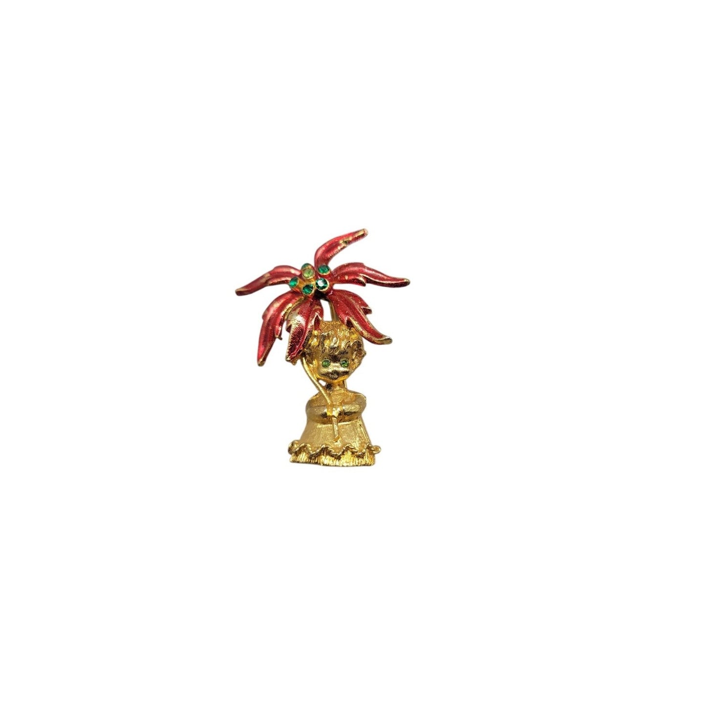 Mylu Christmas Brooch Girl Holding Poinsettia Rhinestones Red Enamel Gold Tone