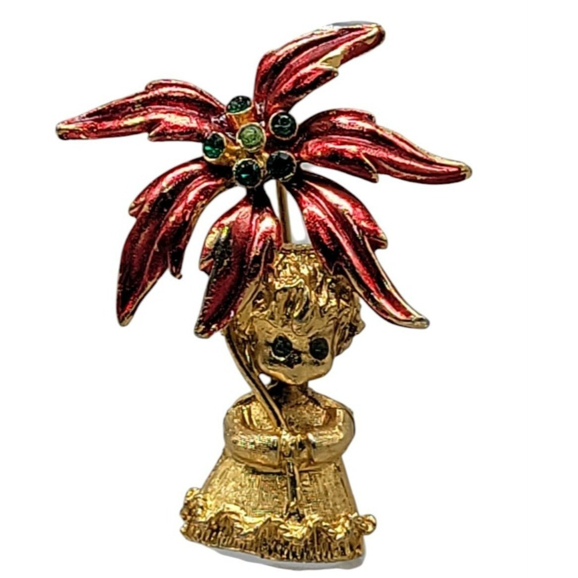 Mylu Christmas Brooch Girl Holding Poinsettia Rhinestones Red Enamel Gold Tone