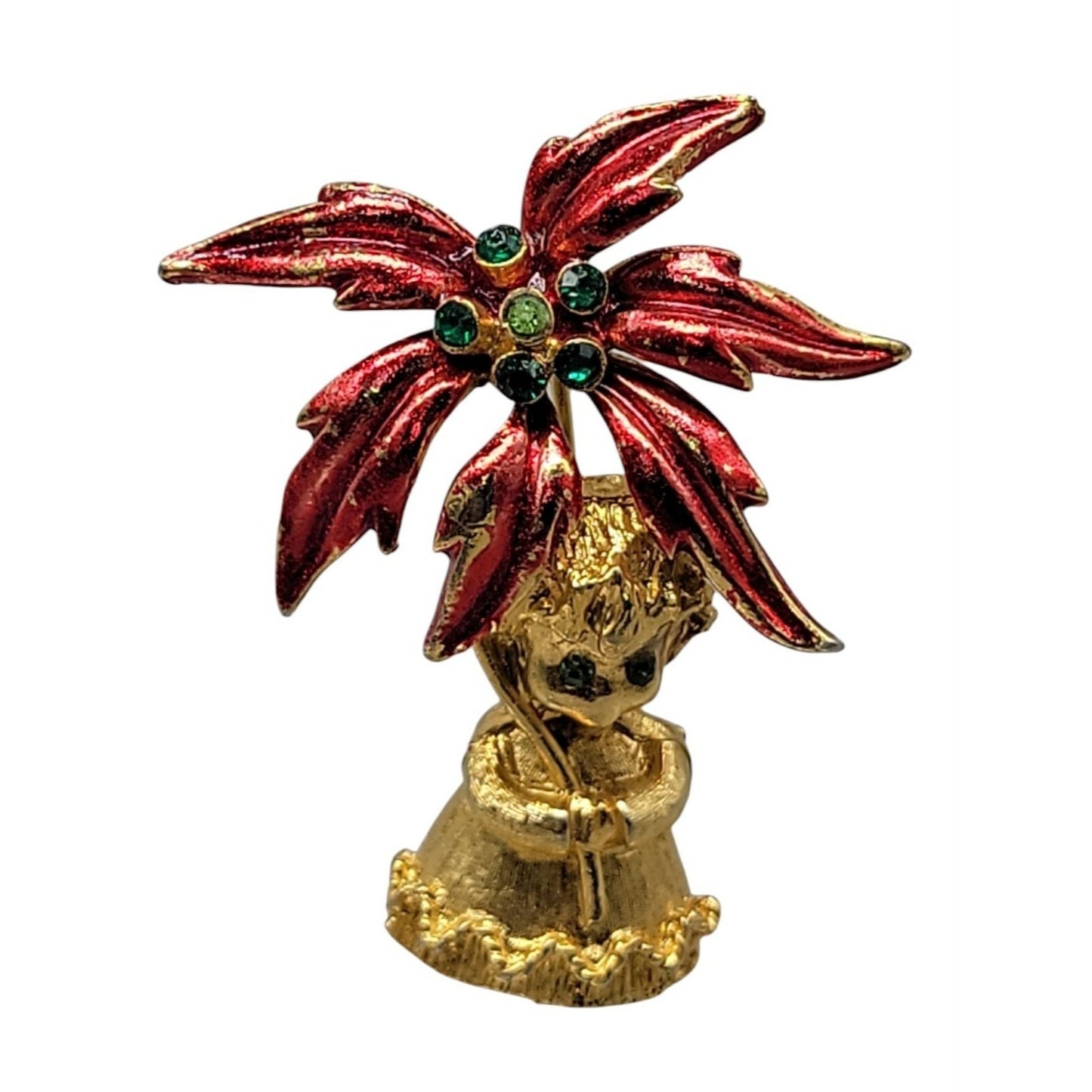 Mylu Christmas Brooch Girl Holding Poinsettia Rhinestones Red Enamel Gold Tone