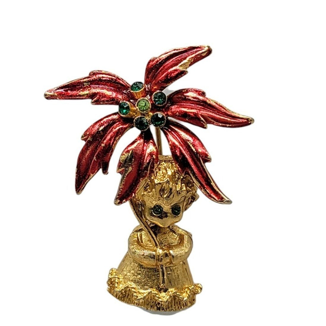 Mylu Christmas Brooch Girl Holding Poinsettia Rhinestones Red Enamel Gold Tone