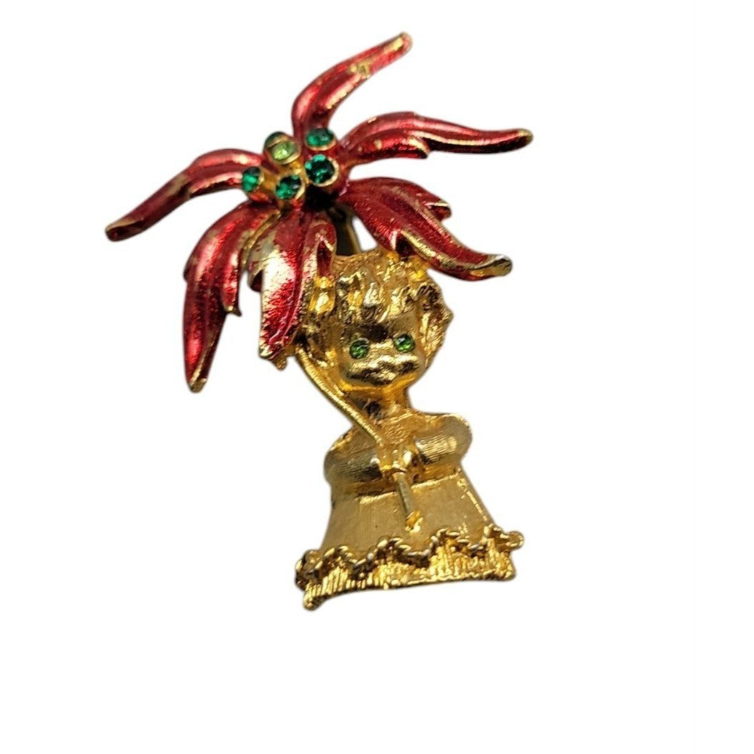 Mylu Christmas Brooch Girl Holding Poinsettia Rhinestones Red Enamel Gold Tone