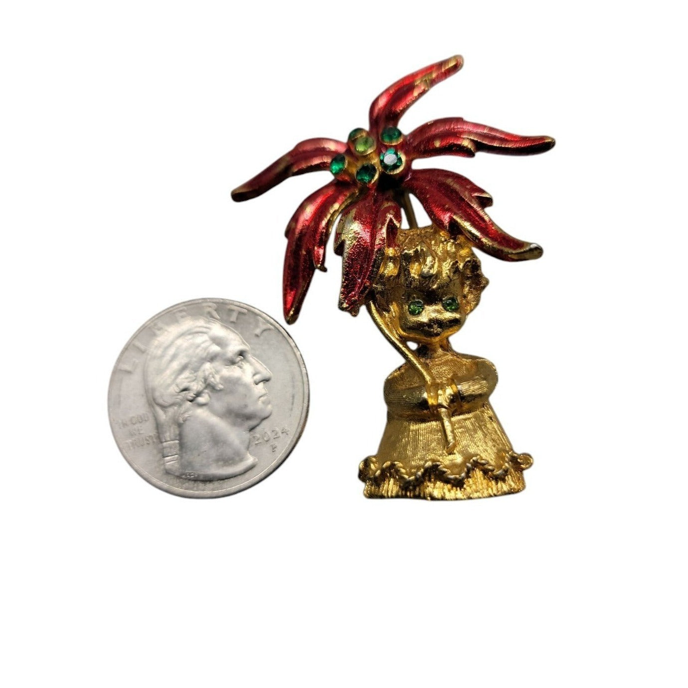 Mylu Christmas Brooch Girl Holding Poinsettia Rhinestones Red Enamel Gold Tone