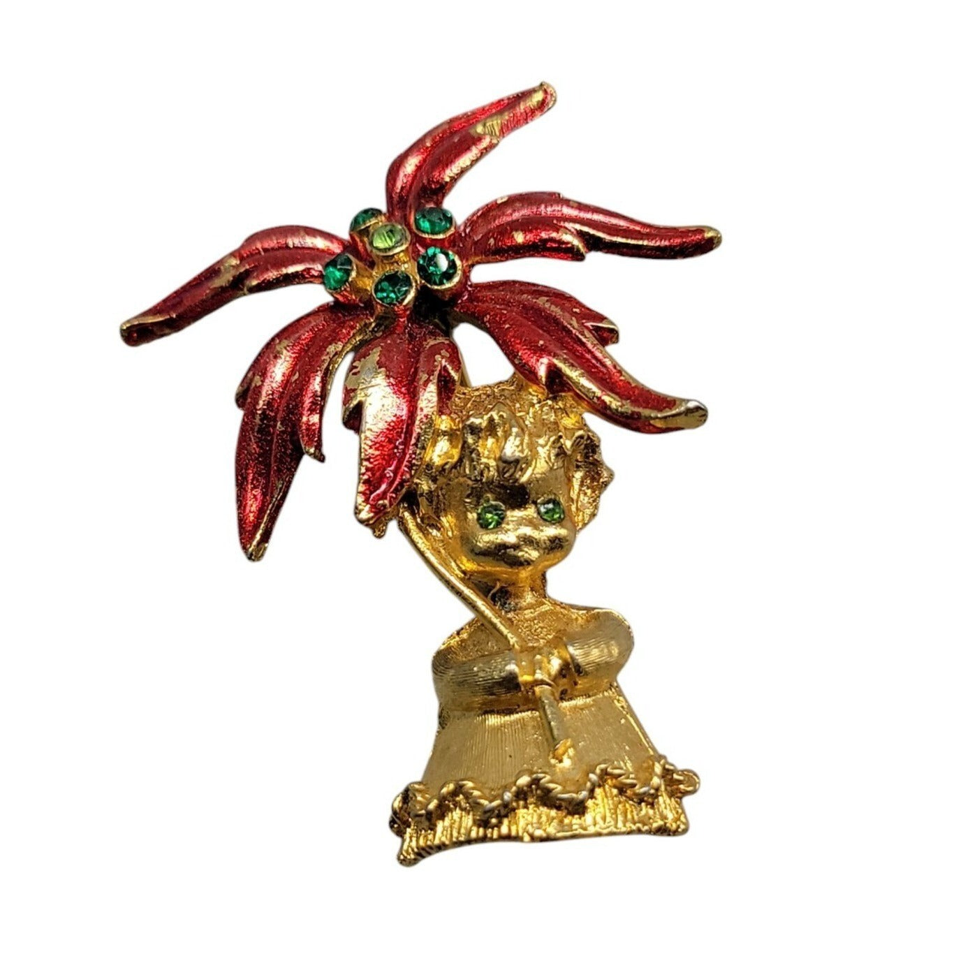 Mylu Christmas Brooch Girl Holding Poinsettia Rhinestones Red Enamel Gold Tone