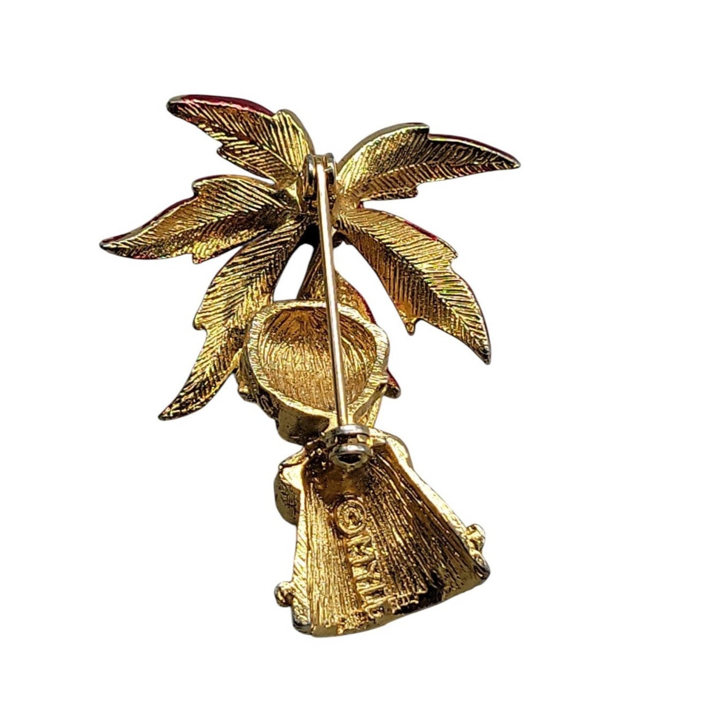 Mylu Christmas Brooch Girl Holding Poinsettia Rhinestones Red Enamel Gold Tone