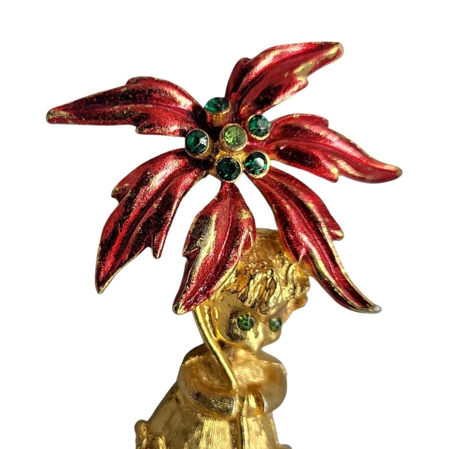 Mylu Christmas Brooch Girl Holding Poinsettia Rhinestones Red Enamel Gold Tone