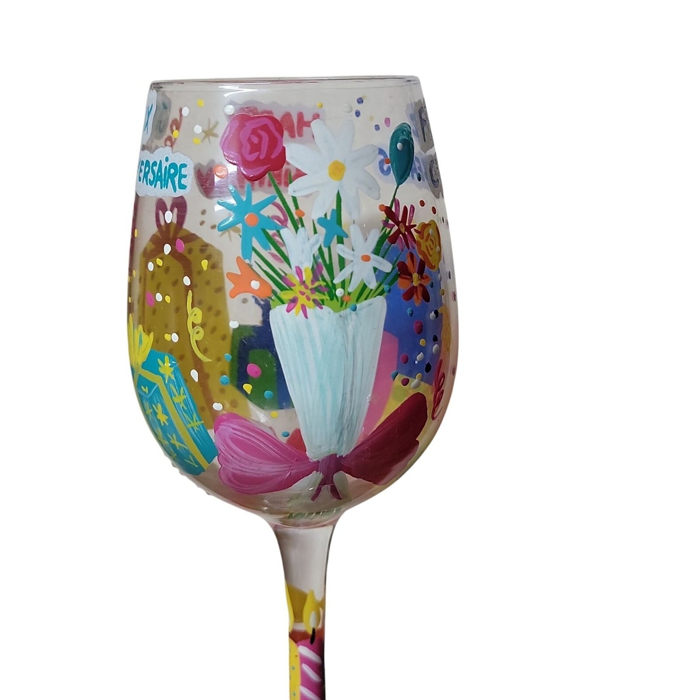 Beautiful Birthday by Lolita Hand Painted Wine Glass Mixed Drink Recipe Bilingual