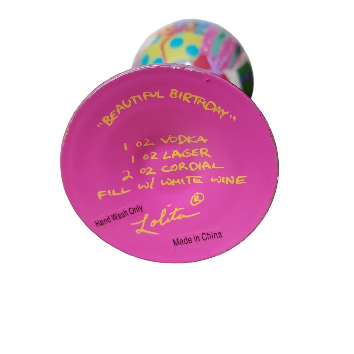 Beautiful Birthday by Lolita Hand Painted Wine Glass Mixed Drink Recipe Bilingual