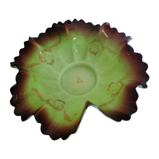 Antique Victorian Art Glass Brides Basket Insert Bowl Pistachio Ruffled Edge