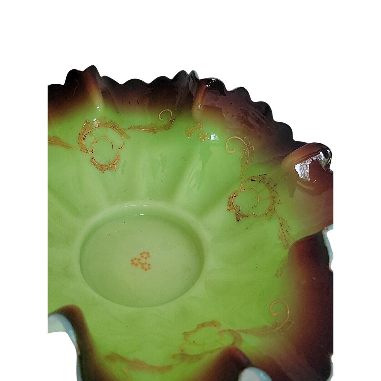 Antique Victorian Art Glass Brides Basket Insert Bowl Pistachio Ruffled Edge