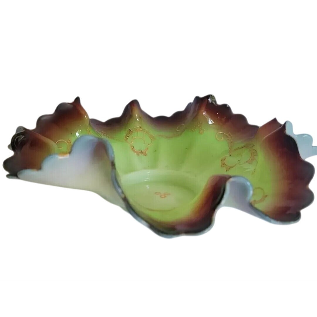 Antique Victorian Art Glass Brides Basket Insert Bowl Pistachio Ruffled Edge