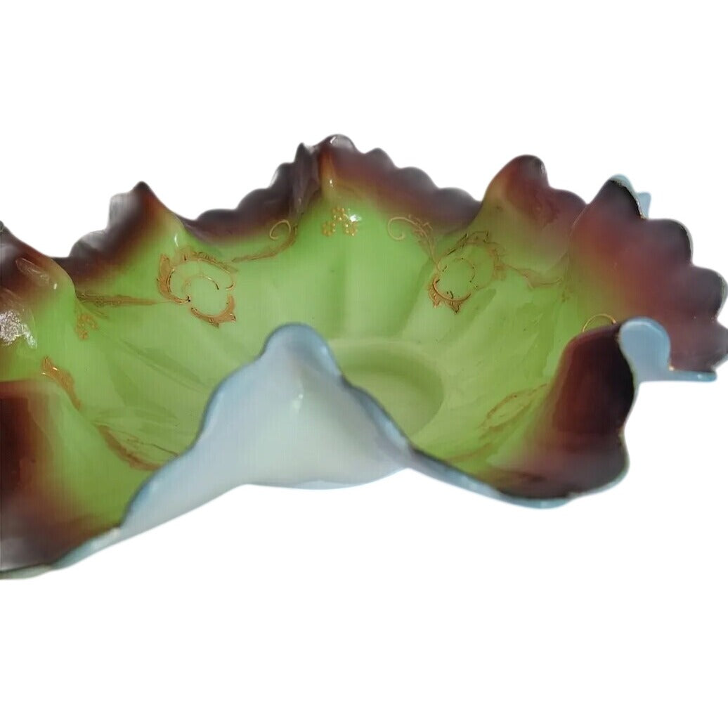Antique Victorian Art Glass Brides Basket Insert Bowl Pistachio Ruffled Edge
