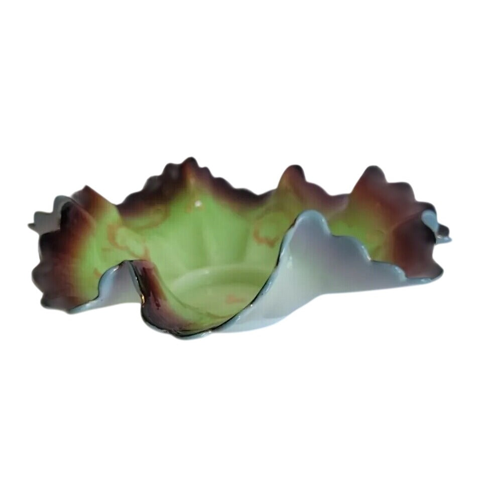 Antique Victorian Art Glass Brides Basket Insert Bowl Pistachio Ruffled Edge