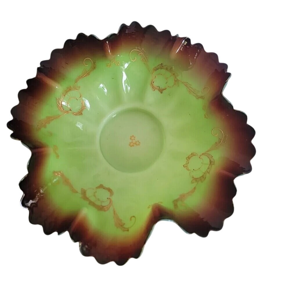 Antique Victorian Art Glass Brides Basket Insert Bowl Pistachio Ruffled Edge