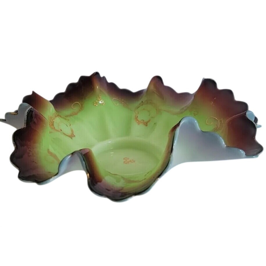 Antique Victorian Art Glass Brides Basket Insert Bowl Pistachio Ruffled Edge