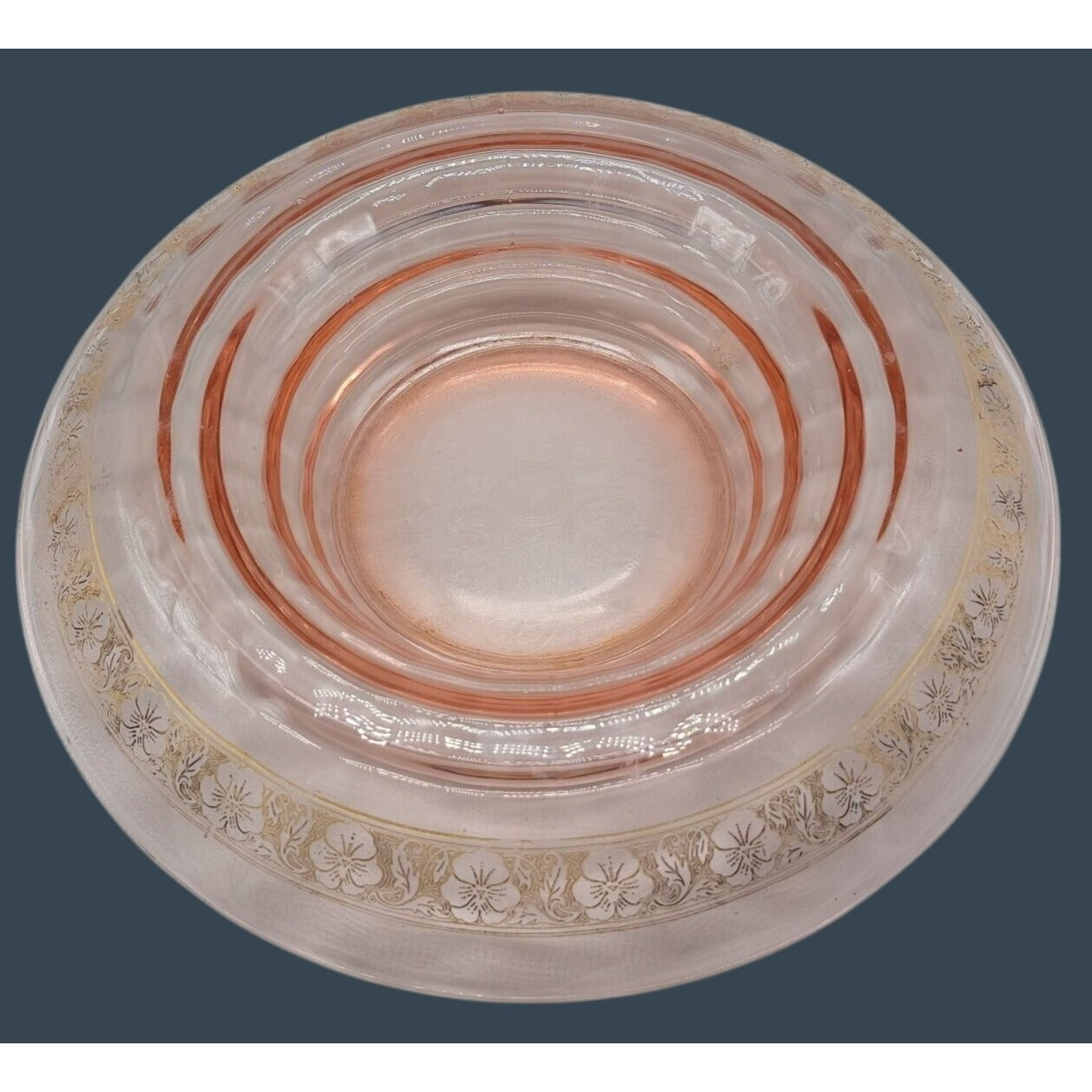 Vtg Pink Depression Glass Console Bowl 13" Rolled Edge Gold Floral Trim 1930s