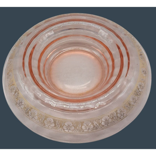 Vtg Pink Depression Glass Console Bowl 13" Rolled Edge Gold Floral Trim 1930s