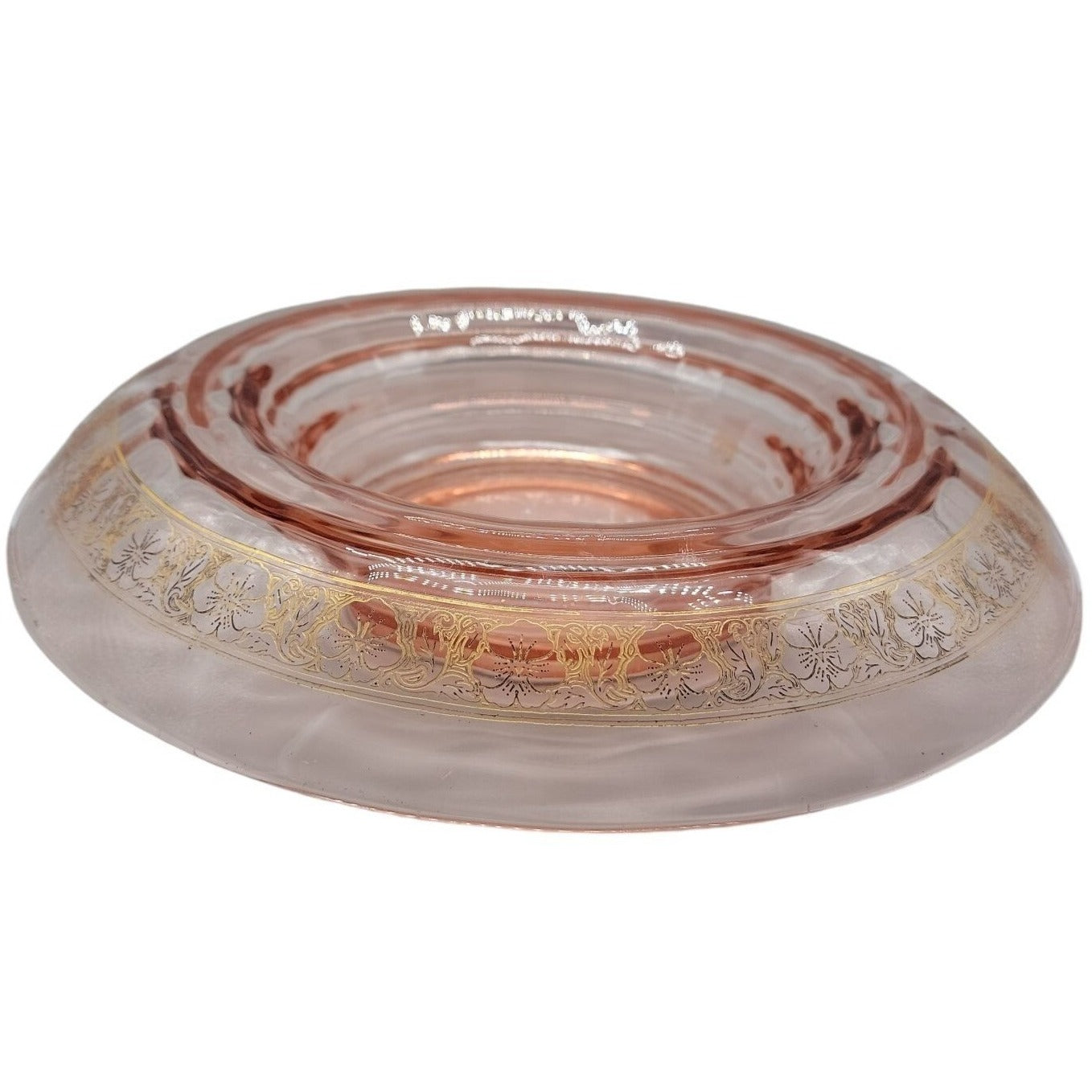 Vtg Pink Depression Glass Console Bowl 13" Rolled Edge Gold Floral Trim 1930s