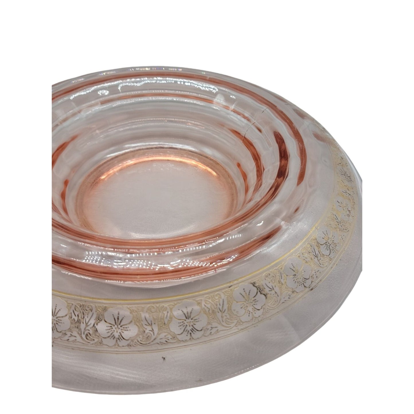 Vtg Pink Depression Glass Console Bowl 13" Rolled Edge Gold Floral Trim 1930s