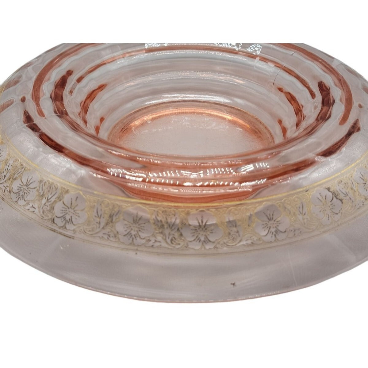 Vtg Pink Depression Glass Console Bowl 13" Rolled Edge Gold Floral Trim 1930s