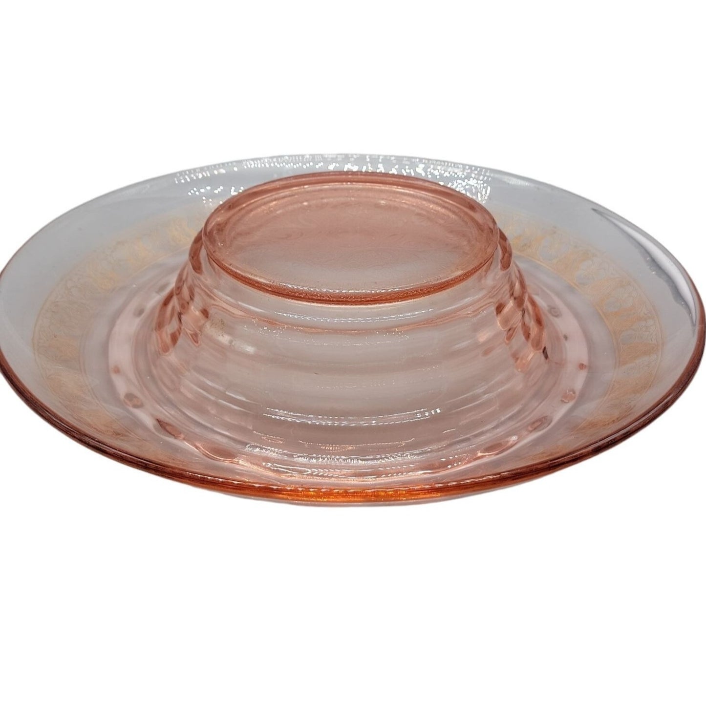 Vtg Pink Depression Glass Console Bowl 13" Rolled Edge Gold Floral Trim 1930s