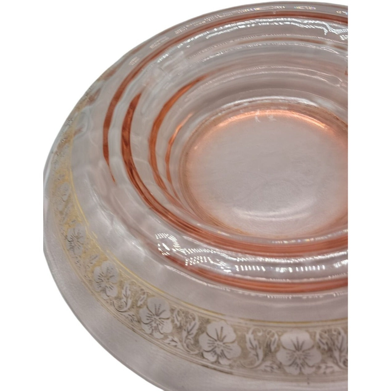Vtg Pink Depression Glass Console Bowl 13" Rolled Edge Gold Floral Trim 1930s