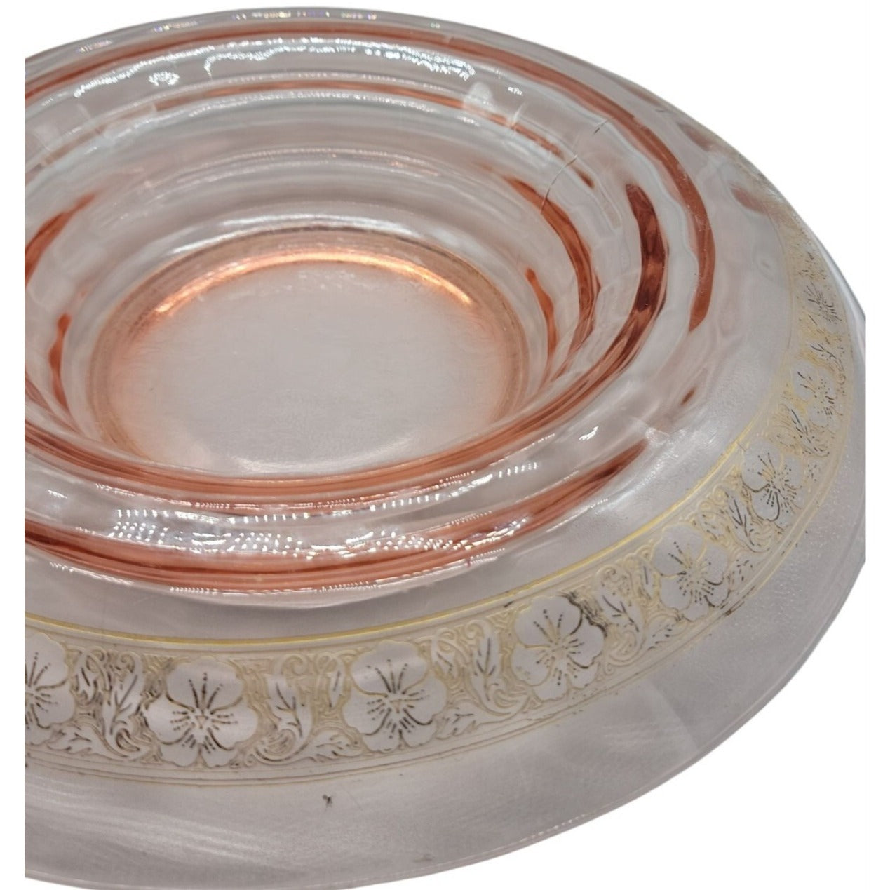 Vtg Pink Depression Glass Console Bowl 13" Rolled Edge Gold Floral Trim 1930s