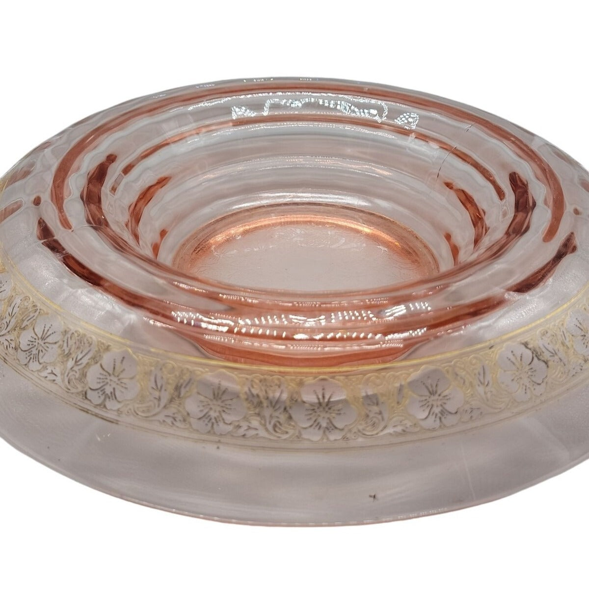 Vtg Pink Depression Glass Console Bowl 13" Rolled Edge Gold Floral Trim 1930s