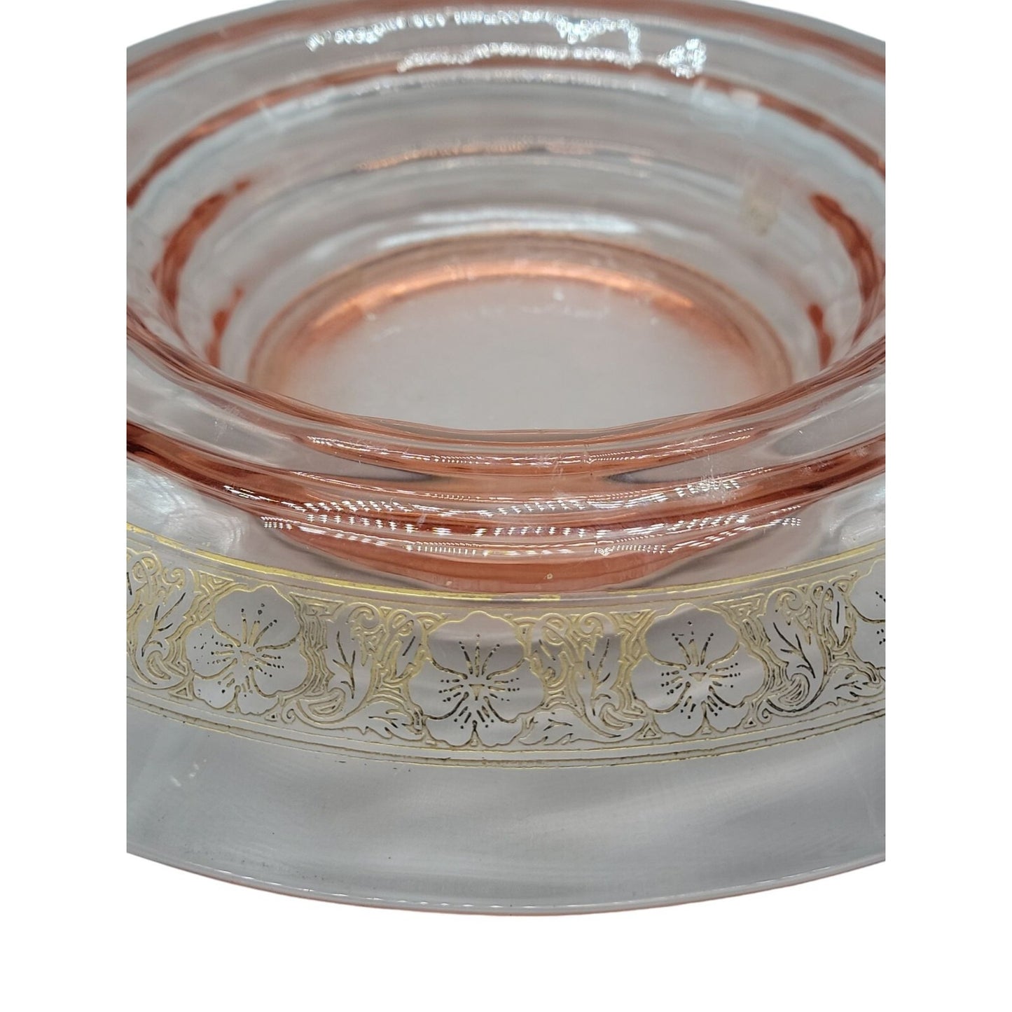 Vtg Pink Depression Glass Console Bowl 13" Rolled Edge Gold Floral Trim 1930s
